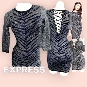 Sexy Black & Silver Metallic Tiger Lace-up Stretch Bodycon Knit Dress - NWT